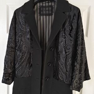 ETRO black velvet paisley print mid length button down dress jacket. Size 46